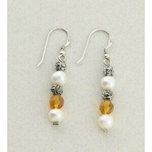 Sterling Silver White and Yellow Pearl and Flower Earrings Dangle Drop Earrings